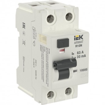 Выключатель дифференциального тока IEK ARMAT R10N 2P 63А 30мА тип A - AR-R10N-2-063A030 Выключатель дифференциального тока IEK ARMAT R10N 2P 63А 30мА тип A - AR-R10N-2-063A030